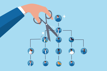 Downsizing or layoff employee, contract termination, loss job from redundancy, dismissal workforce, restructure company, unemployed or outsourcing, businessman hand cut job from organization chart.