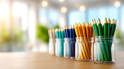 Colored pencils in glass jars on a wooden table in a bright room.