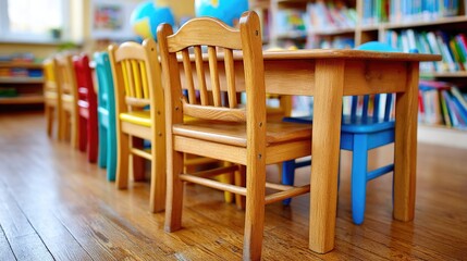 Close-up of colorful wooden chairs and table in kindergarten classroom with wooden floor, bookshelves and globes in background. Bright and cheerful interior with natural lighting.