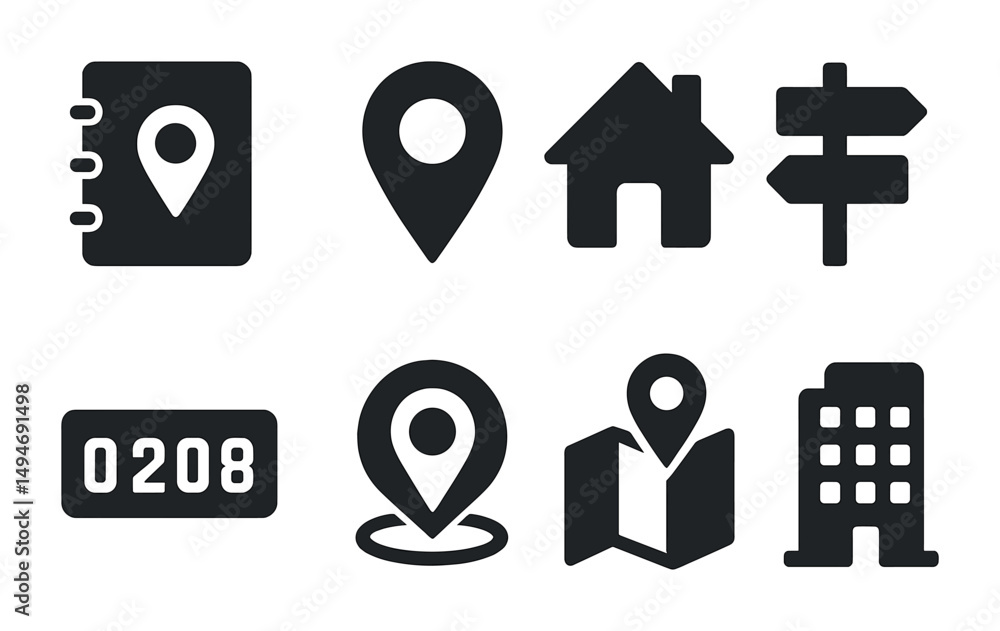 Poster navigation and map icons set – solid, filled, location and gps symbols