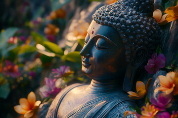 Buddha Statue with Colorful Flowers &ndash; Spiritual Symbol Surrounded by Natural Beauty