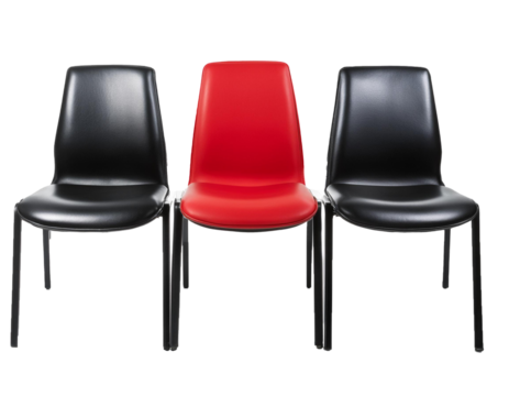 Red chair among black chairs, isolated on  transparent background