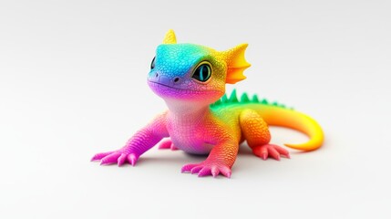 Naklejka premium Rainbow Dragon Baby 3D Render, Cute Fantasy Creature, Colorful Lizard, digital art. Dragon, 3D model