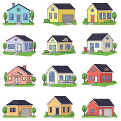 Modern simple suburban house exterior set in flat style design, set of colorful house exterior, vector illustration isolated on white. 