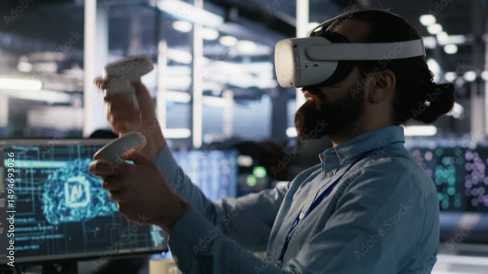 Poster data center technician using vr headset to monitor neural network ai llm visualization. server room 