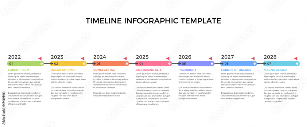 Poster simple timeline infographic template with seven key elements and arrows guiding the progression, vec