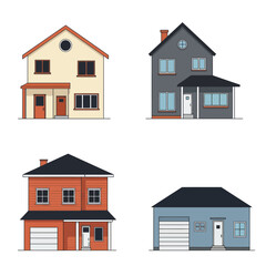 Modern simple suburban house exterior set in flat style design, set of colorful house exterior, vector illustration isolated on white. 