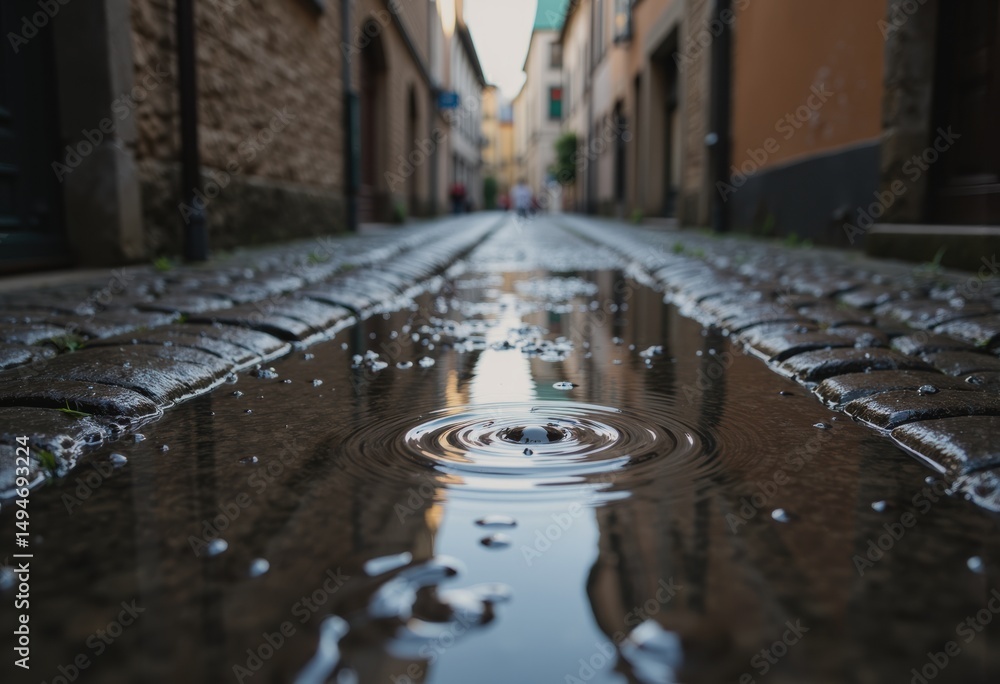 Poster rainwater pooling in a cobblestone street, creating ripples and reflections