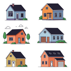 Modern simple suburban house exterior set in flat style design, set of colorful house exterior, vector illustration isolated on white. 