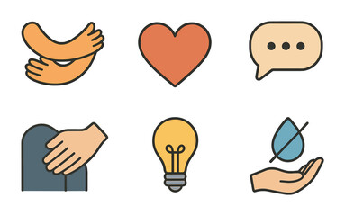 Mental health and support icons set – outline, filled, wellness symbols