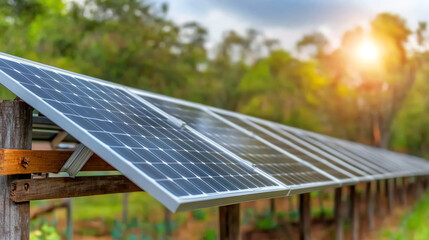 Solar panels capture sunlight, promoting sustainable energy while enhancing the green landscape during a beautiful sunrise.