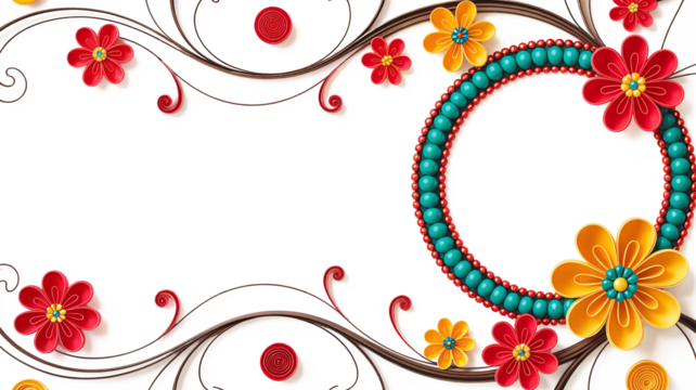 Vibrant Floral Frame Design with Beaded Circular Accent