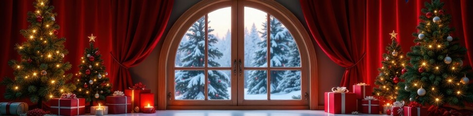 Fototapeta premium Arched window, red velvet curtains frame decorated Christmas trees, gifts , interior, curtains, window
