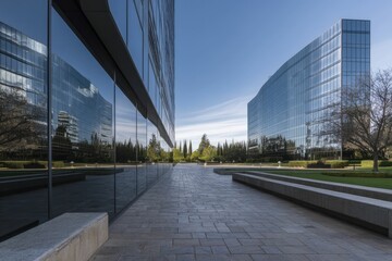 Corporate plaza with sleek mirrored buildings