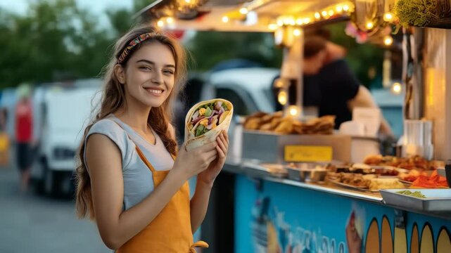beautiful woman holding kebab wrap near the street food truck 