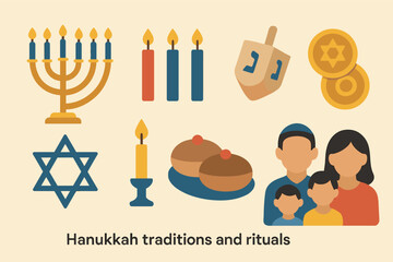 Hanukkah traditions icons set – flat, filled, jewish celebration symbols