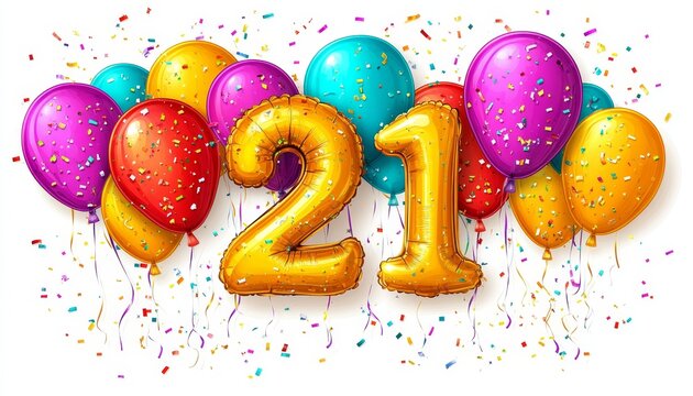 Golden Number 21 Balloons with Festive Balloons and Confetti for 21st Birthday Celebration - Powered by Adobe