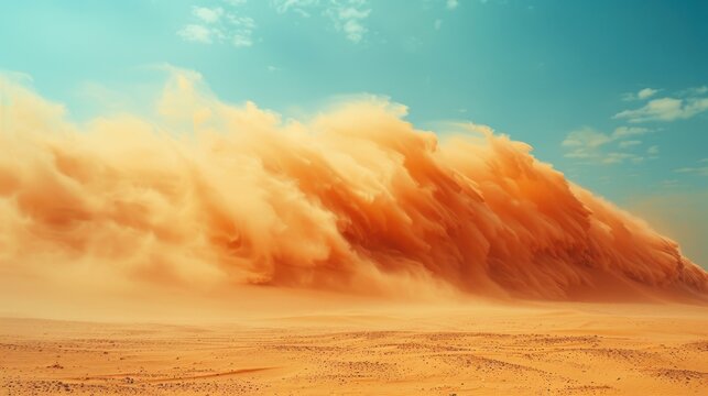 Massive sandstorm sweeping across a vast desert under a bright blue sky.
