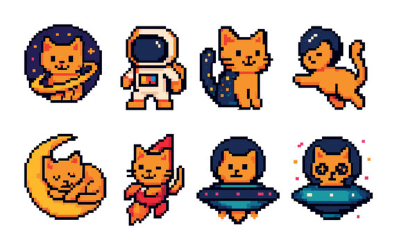 Space cat pixel art icons set &ndash; cosmic, feline, digital graphics collection