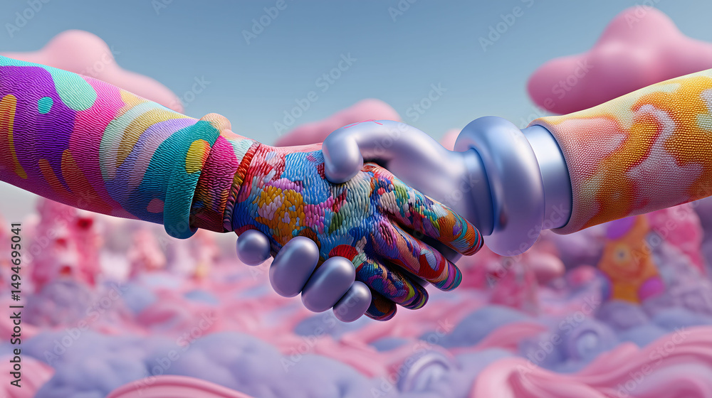 Aufkleber a surreal 3d scene showing two vibrant cartoon characters shaking hands in sky filled with soft clou