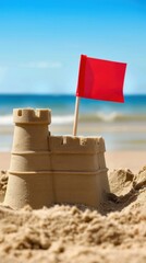 A sandcastle with a red flag on a sunny beach.