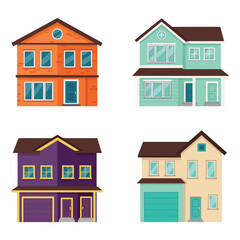 Modern simple suburban house exterior set in flat style design, set of colorful house exterior, vector illustration isolated on white. 