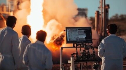 Engineers in lab coats monitoring rocket engine test firing data displayed on a computer screen, with flames and smoke billowing in the background during a crucial aerospace development phase