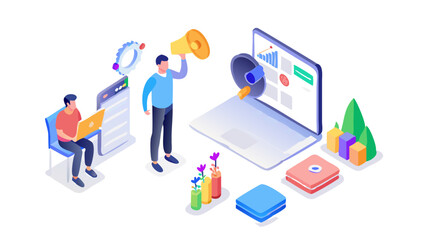 Character working at content creation, analyzing data, communicate with audience. Digital marketing, advertising, promotion concept. Flat isometric vector illustration.