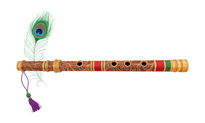 Intricate Traditional Indian Flute with Peacock Feather Decoration
