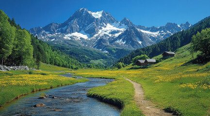 Alpine valley with mountain, stream, and wildflowers