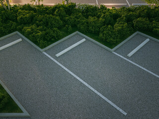 Empty asphalt floor parking lot and garden. Aerial view 3d rendering of car park.