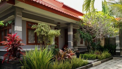 Fototapeta premium Beautiful house facade with a gray exterior, red-tiled roof, and tropical plants enhancing the entrance.