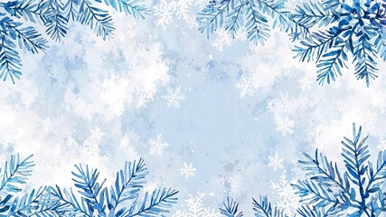 Seamless winter background with delicate snowflakes and pine branches, frosty blue and white color palette, watercolor effect, perfect for Christmas cards, winter wedding invitation, ski stations.