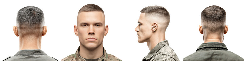 Obraz premium A series of portraits showcasing a military serviceman in uniform long title A series of close up portraits featuring a serious looking military