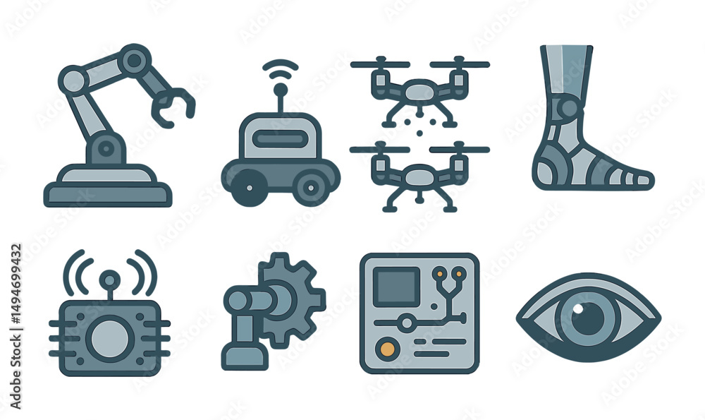 Poster robotics and ai icons set – flat, solid, technology and automation symbols