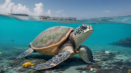 Obraz premium Sea turtles swim under the blue sea of ​​the world, underwater atmosphere.