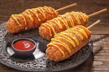Corn dog is a food made from skewered sausages (usually hot dogs) coated in a thick layer of...