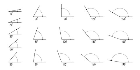 Angles degrees template set. Collection of Geometry and mathematics symbols. Measure rotation design element. Kit of angles 10, 20, 30, 40, 50, 60, 70, 80, 90, 100, 110, 120, 130, 140, 150, 160, 170