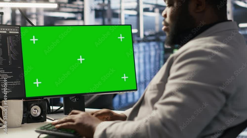 Poster data center system administrator inspecting gear using green screen pc, doing maintenance tasks. ser