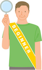 ジムの初心者（笑顔のミドル男性）：虫眼鏡を持つ