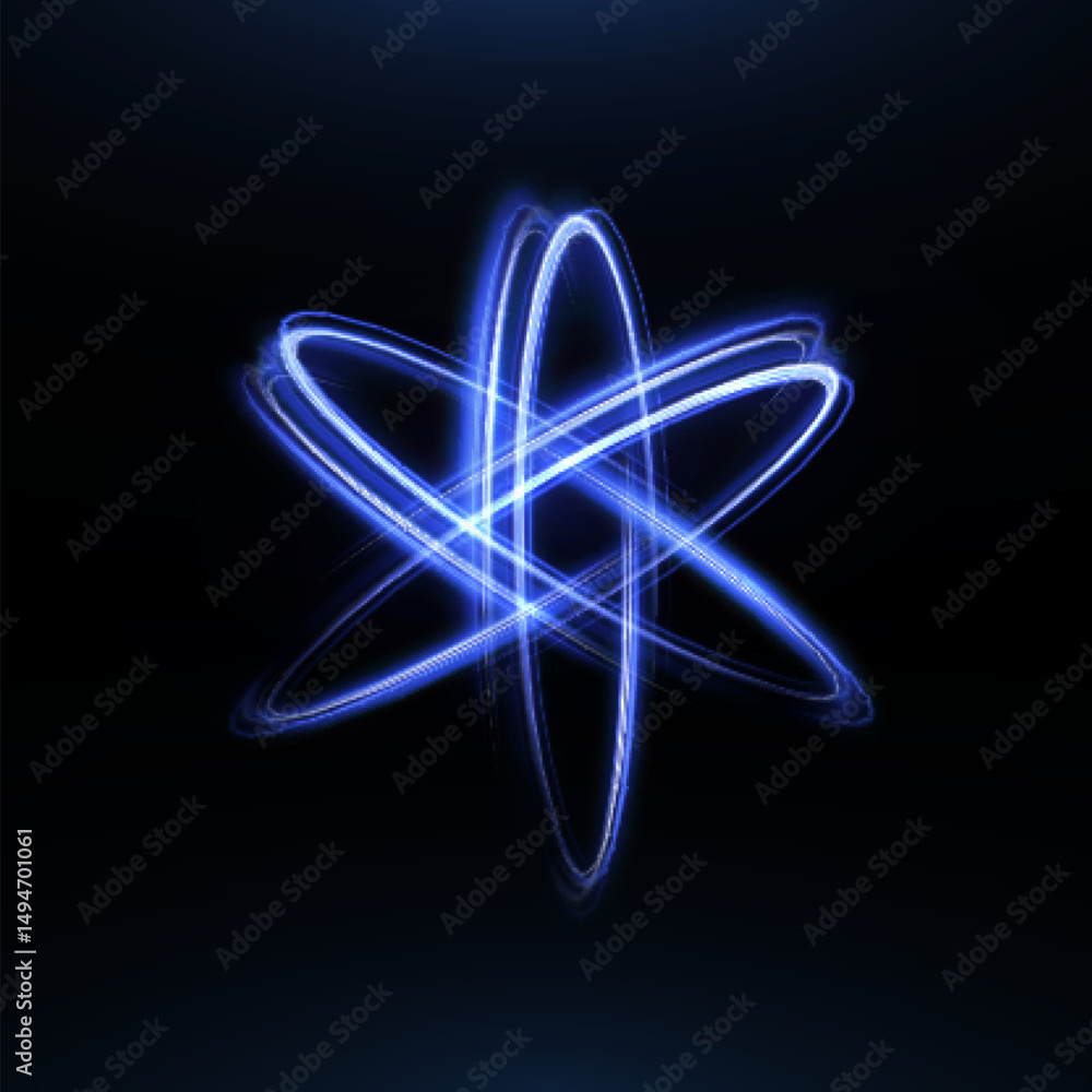 Poster glowing atomic structure with blue energy orbits on dark background. futuristic nuclear particle mod