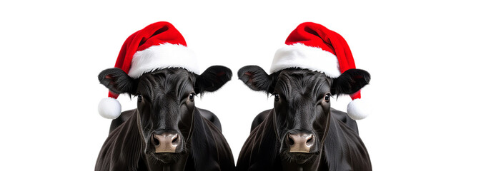 Black Cows with Santa Hats, Isolated Transparent Background