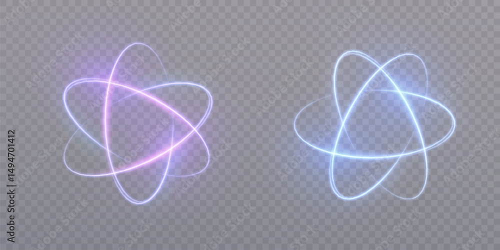 Aufkleber 
Luminous structure of atom molecule with blue energy orbits on transparent background. Futuristic nuclear particle model for physics, technology or scientific concepts.