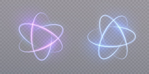 
Luminous structure of atom molecule with blue energy orbits on transparent background. Futuristic nuclear particle model for physics, technology or scientific concepts.