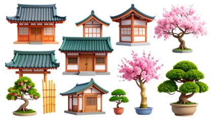 Ancient Japanese architecture sometimes features castle-like buildings decorated with traditional oriental-style flowers and trees.
