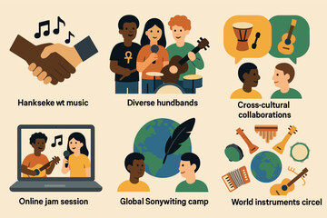 Cultural music flat icons set &ndash; diverse, global, collaborative instruments