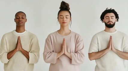 Three people are standing in a row, each with their hands clasped in prayer. Scene is peaceful and serene, as the people are taking a moment to reflect and connect with their spirituality - Powered by Adobe