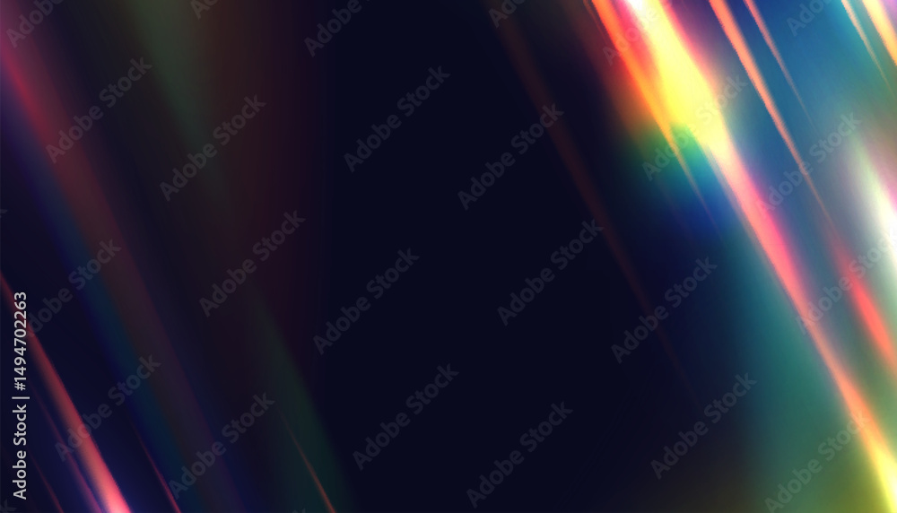 Poster Diagonal prism light streaks with rainbow dispersion on dark background. Abstract refraction glow texture for digital design, holographic overlays and visual backdrops.

