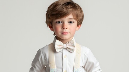 A young boy in a white Easter shirt with a bow tie and pastel-colored suspenders, posing on a plain white background.
