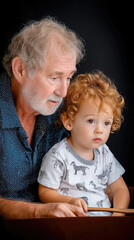 A grandfather patiently shows his young grandson how to carve wood with care, emphasizing the bond between generations in a warm and inviting indoor environment